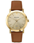 Bulova Mens Classic -  Gold-Tone Dial and Case - Cognac Brown Strap - Date - 97B135