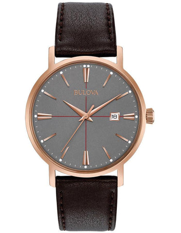 Bulova Mens Classic - Rose Gold-Tone Case - Leather Strap - Grey Dial - Date - 97B154