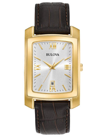 Bulova Mens Classic Watch - Rectangular - Gold-Tone - Leather Strap - Date - 97B162