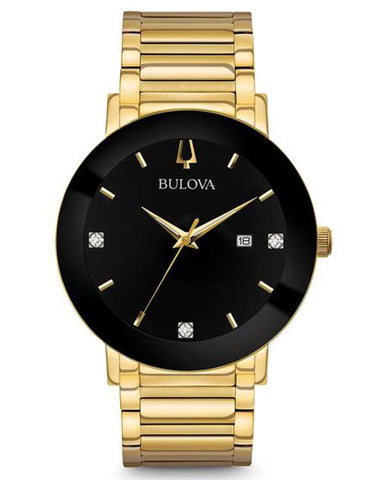 Bulova Mens Modern Diamond Watch - Gold-Tone - Black Dial - Diamonds - Bracelet - 97D116