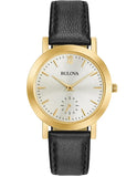 Bulova Womens Classic Watch - Gold-Tone Case - Black Leather Strap - 97L159