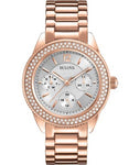 Bulova Crystal Day/Date Ladies Watch - Silver/White Dial - Rose Gold-Tone Design - 97N101