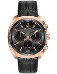 Bulova Mens Curv Chronograph - Rose Gold-Tone Case - Grey Dial - Leather Strap - 98A156