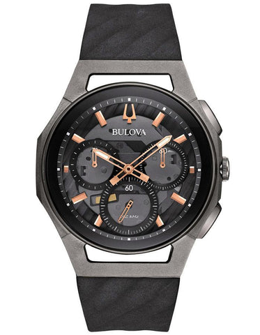 Bulova Mens Curv Chronograph - Steel & Titanium&#44; Black Leather - Exhibition Dial - 98A162