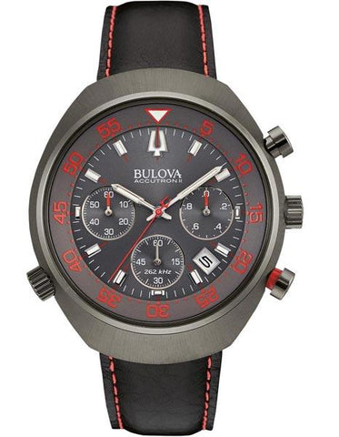 Bulova Mens Accutron II Chrono - Grey Dial w/Red Accents - Black Leather - Date - 98B252