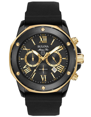 Bulova Mens Marine Star - Black IP Stainless - Gold-Tone - Black Strap - Date - 98B278