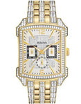 Bulova Mens Crystal Date Watch - Gold-Tone - Day - Date - 24 Hour Subdial - 98C109