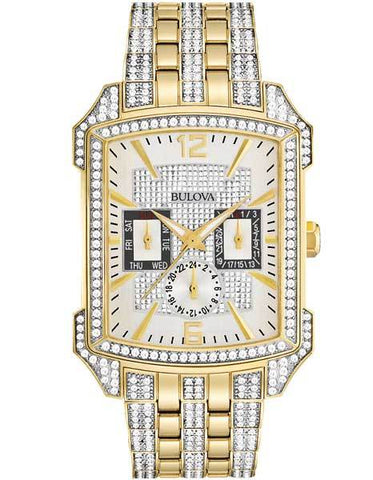 Bulova Mens Crystal Date Watch - Gold-Tone - Day - Date - 24 Hour Subdial - 98C109