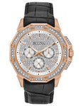 Bulova Swarovski Crystal Mens Watch - Pave Dial - Rose Gold-Tone - Black Strap - 98C125