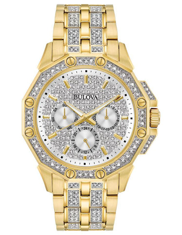 Bulova Swarovski Crystal Mens Watch - Gold-Tone - Bracelet - Pave Dial - 98C126