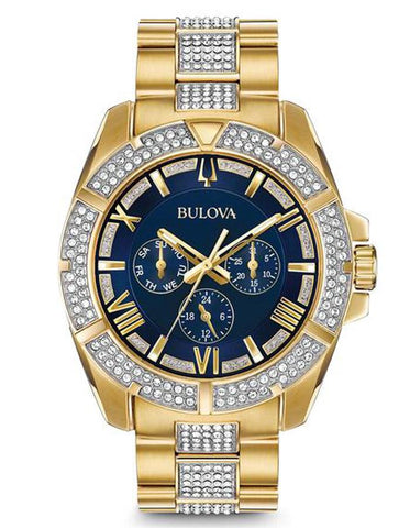 Bulova Mens Crystal Chronograph - Blue Dial - Gold-Tone Case - Swarovski - 98C128_816364a0-185d-45d9-84fc-606071e43fde