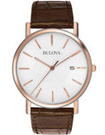 Bulova Mens Rose Gold & Brown Leather Mens Watch - White Dial - Date - 98H51