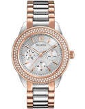 Bulova Crystal Two-Tone Ladies Day/Date Watch - Silver Dial - Steel & Rose Gold - 98N100