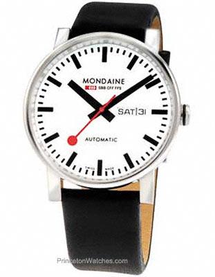 Mondaine Mens Day/Date Automatic Watch - White Dial - Black Leather Strap - A132.30348.11SBB