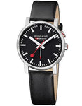 Mondaine Mens EVO Alarm - Black Dial and Leather Strap - Brushed Stainless Case - A468.30352.14SBB