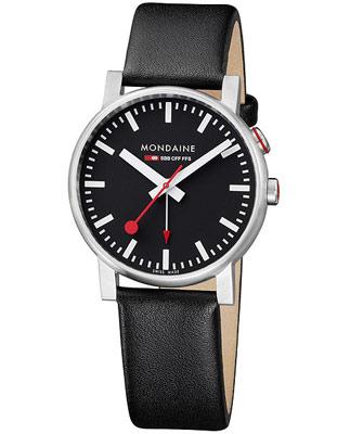 Mondaine Mens EVO Alarm - Black Dial and Leather Strap - Brushed Stainless Case - A468.30352.14SBB