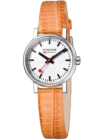 Mondaine Womans Evo Petite Watch - White Dial - Orange Leather Strap - 30m - A658.30301.11SBG