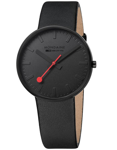 Mondaine Mens Giant - Black IP Steel Case & Dial - Black Strap - Red Accent - A660.30328.64SBO