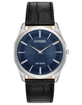 Citizen Mens Eco-Drive Stilletto Watch - Stainless Steel - Blue - Leather Strap - AR3070-04L