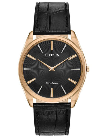 Citizen Mens Eco-Drive Stilletto Watch - Rose Gold-Tone - Black - Leather Strap - AR3073-06E