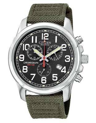 Citizen Eco-Drive Chandler Chronograph  - Black Face - Olive Canvas Strap - AT0200-05E