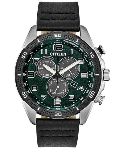 Citizen DRIVE AR Mens Chronograph - Stainless Steel - Green Dial - Black Leather - AT2441-08X