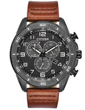 Citizen DRIVE AR Mens Chronograph - Dark Gray - Date - Black Dial -Brown Leather - AT2447-01E