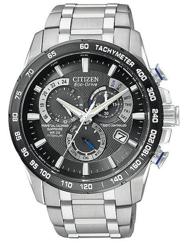 Citizen Mens Perpetual Chrono AT Titanium - Blue Accents - Black Dial - Bracelet - AT4010-50E