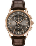 Citizen Mens Eco-Drive World Chronograph AT - Rose Gold-Tone - Brown Leather - AT8113-04H