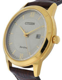 Citizen Mens Eco-Drive Strap Watch - Gold-Tone Case - Cream Dial - Brown Strap - AW1232-04AA