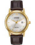 Citizen Mens Eco-Drive Strap Watch - Gold-Tone Case - Cream Dial - Brown Strap - AW1232-04A