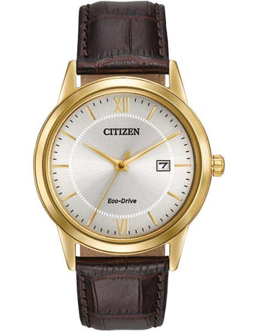 Citizen Mens Eco-Drive Strap Watch - Gold-Tone Case - Cream Dial - Brown Strap - AW1232-04A