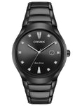 Citizen Mens Eco-Drive Diamond Watch - Black Dial & Case - Bracelet - Date - AW1555-56G