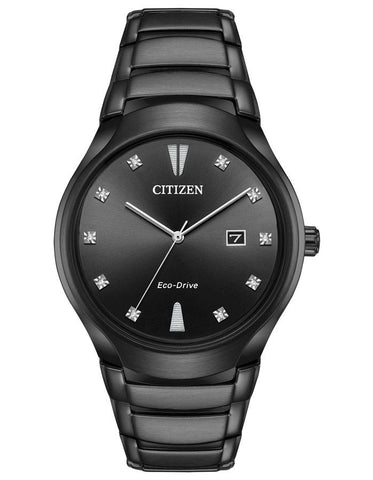 Citizen Mens Eco-Drive Diamond Watch - Black Dial & Case - Bracelet - Date - AW1555-56G