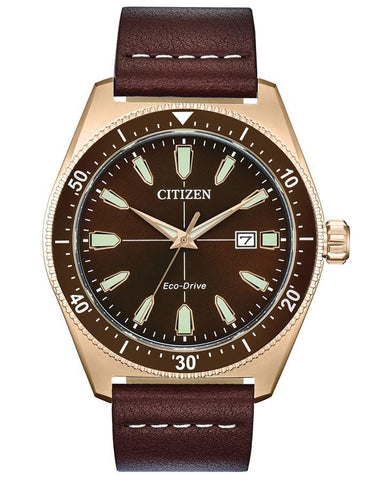 Citizen Eco-Drive Vintage Brycen Sport - Rose Gold-Tone - Date - Leather Strap - AW1593-06X