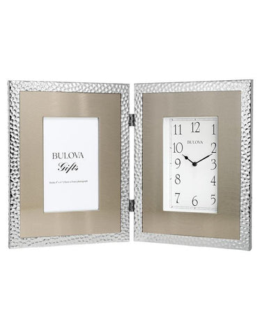 Bulova Cobblestone Silver-Tone Hammered Picture Frame Clock - 4 x 6 Photo - B1244