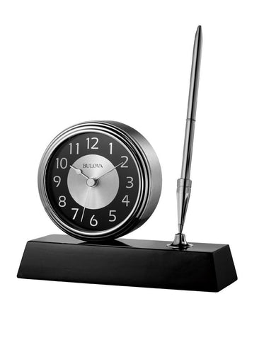 Bulova Signature Clock - High Gloss Black Wood Base - Pen Holder - Silent Sweep - B1702