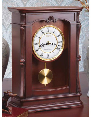 Bulova Abbeville Chiming Pendulum Mantel Clock - Walnut Finish - Carved Case - B1909