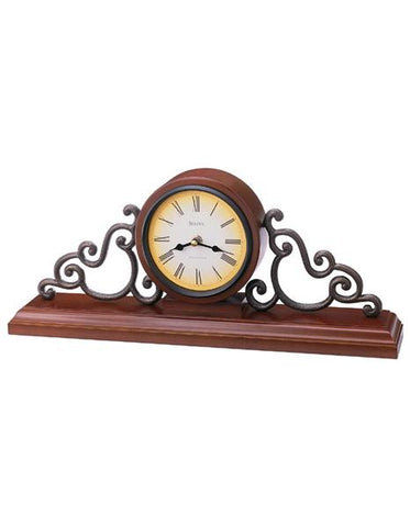 Strathburn Mantel Clock by Bulova - Walnut Finish - Metal Scroll Accents - B1910