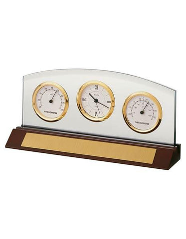 Bulova Weston Executive Glass Panel Clock with Thermometer and Hygrometer - B2835