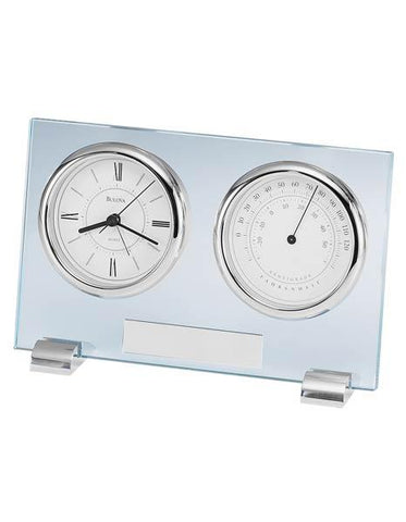 Bulova Glass Camberley Table Top Alarm Clock with Thermometer - Engraving Plate - B2880