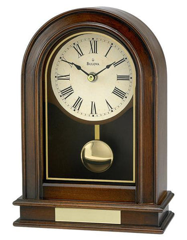 Bulova Hardwick Pendulum Table Clock - Walnut Finish - Decorative Screened Glass - B7467