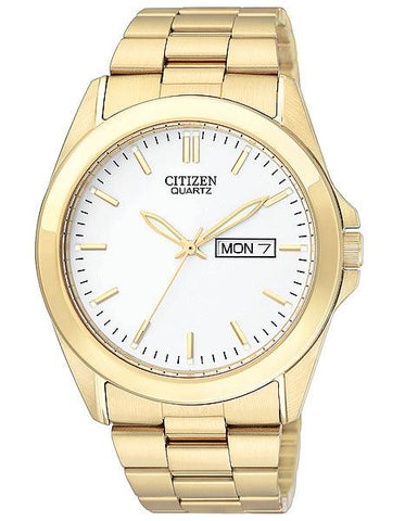 Citizen Quartz Mens Gold-Tone Watch - White Dial - Bracelet - Day/Date Display - BF0582-51A