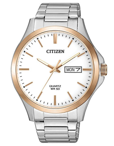 Citizen Quartz Mens Watch - Stainless Steel - White Dial - Day/Date - Bracelet - BF2006-86A