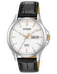 Citizen Quartz Mens Watch - Stainless Steel - White Dial - Day/Date - Leather - BF2009-11A