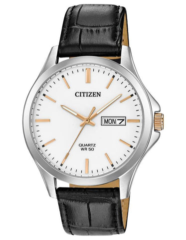 Citizen Quartz Mens Watch - Stainless Steel - White Dial - Day/Date - Leather - BF2009-11A