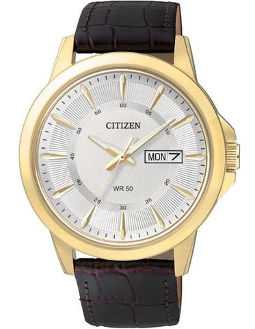 Citizen Quartz Mens Day/Date Strap Watch - Gold-Tone Case - White Dial - BF2018-01A