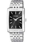 Citizen Quartz Mens Stainless Date Watch - Black Dial - Rectangular Case - BH1671-55E