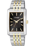 Citizen Quartz Mens Two-Tone Date Watch - Black Dial - Rectangular Case - BH1678-56E