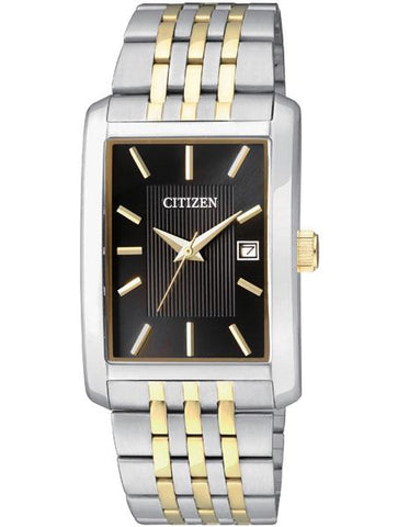 Citizen Quartz Mens Two-Tone Date Watch - Black Dial - Rectangular Case - BH1678-56E